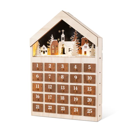 Glitzhome; Glitzhome® 15.75" Lighted Wooden Christmas Village Advent Calendar Decor; Category:Christmas Tabletop Decor; Image:1